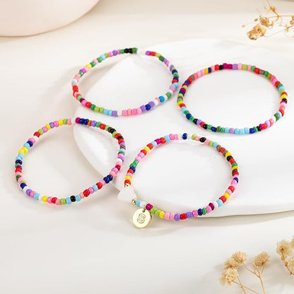 M MOOHAM 4PCS Initial Bracelets for Women Girls - Colorful Beaded Bracelet Heart Initial Bracelet for Women Stackable Layered Boho Bracelets Jewelry Gifts for Kids Teen Girl