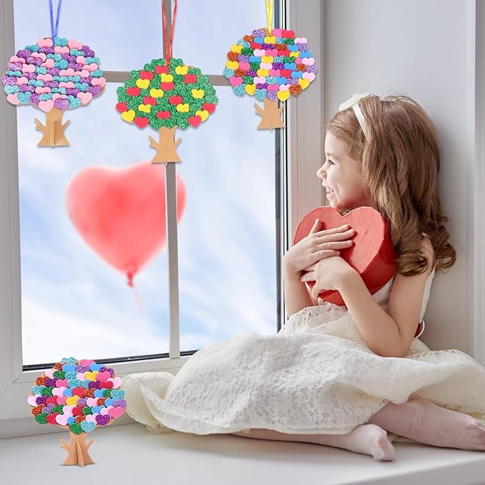Fennoral 12 Pack Mother's Day Craft Kits for Kids - Heart Tree Foam Stickers DIY Arts and Crafts for Girls & Boys - Valentine Gifts, Decorations