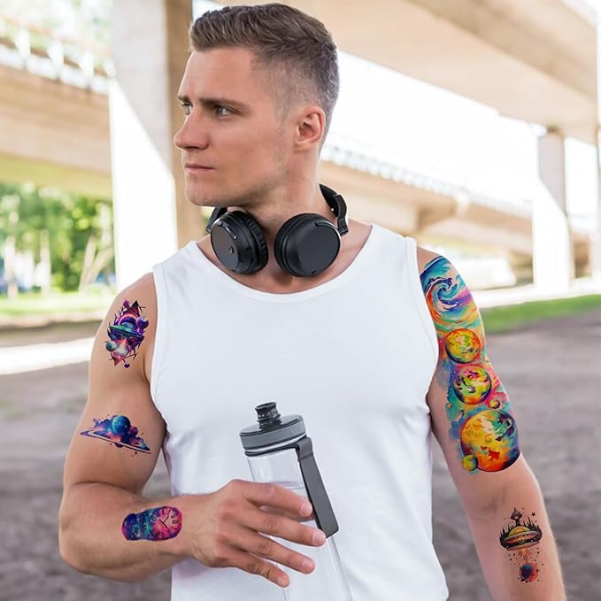 77 Sheets Temporary Tattoo, 17 Sheets Space Planet Astronaut Rockets Half Sleeve Fake Tattoos for Adults Men Women, 60 Sheets Small Tattoos Stickers Waterproof Lasting for Boys Girls Party Supplies