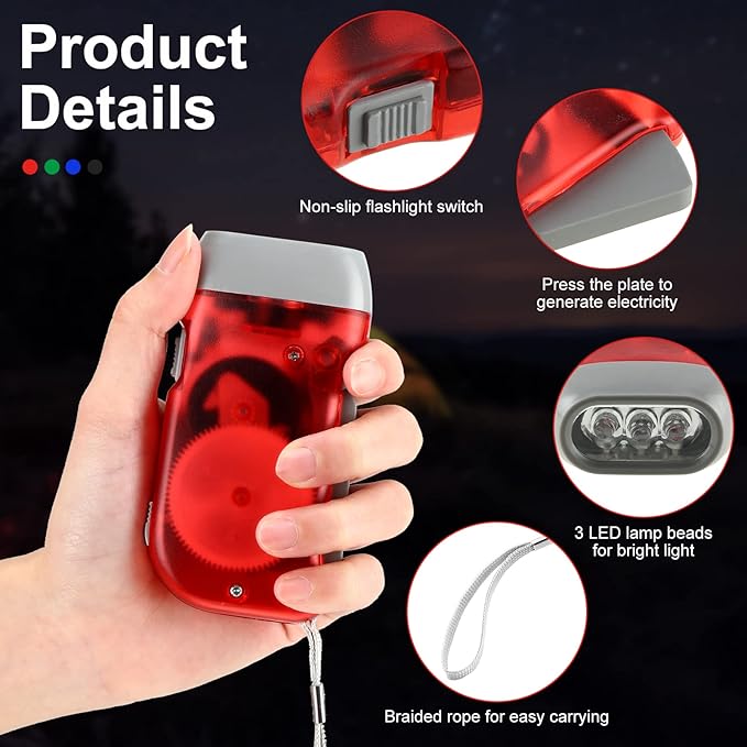 Mudder 24 Pieces Hand Crank Flashlight with LED Self Powered Charging Torch Dynamo for Camping Emergency(Green, Grey, Blue, Red)