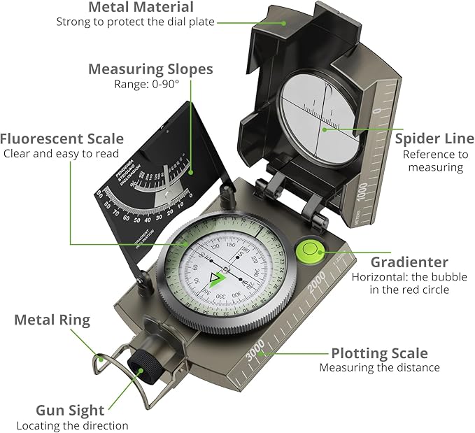 Proster IP65 Compass Hiking Survival - Lensatic Sighting Compass for Camping Navigation, Compass with Clinometer & Carry Bag for Camping Hunting Hiking Geology Activities