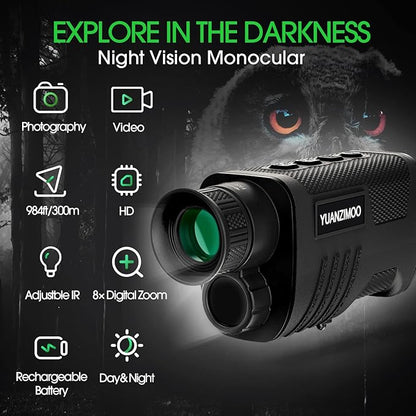Upgraded Night Vision Monocular Digital Infrared Monocular Telescope for 100% Darkness with 8X Zoom 2000mAh Rechargeable Battery Tripod 32 GB SD Card & Card Reader, for Adult Hunting Camping