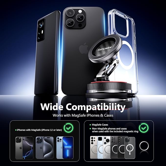 SYNCWIRE for MagSafe Car Mount [2-Axis Design] Nano Adhesive Gel + Suction Cup Magnetic Phone Holder for Dashboard & Windshield, 360° Adjustable for iPhone 17 16 15 14 13 12 11, Samsung, Carbon Fiber