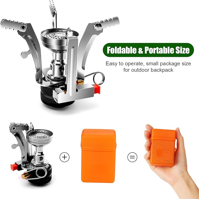 Odoland 8pcs Camping Cookware Mess Kit, Camping Pot and Pan Set with Mini Backpacking Stove, Stainless Steel Cup, Spork and Tank Bracket, Cooking Gear for Outdoor, Hiking, Picnic, Campfire