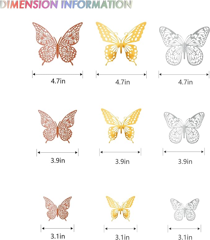 SAOROPEB 3D Butterfly Wall Decor, 72 Pcs 3 Styles 3 Sizes, Removable Metallic Wall Decor Sticker Room Mural Decals for Kids Bedroom Nursery Classroom Party Decoration Wedding Decor DIY Gift (3 Color)