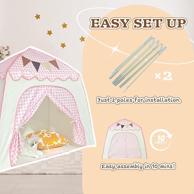 Toddler Bed Tent, Kids Play Tent with Flags, Star String, Portable Bed Canopy for Boys & Girls, Children, Indoor Outdoor Dome Playhouse, Pink Plaid, 51" x 39" x 51"