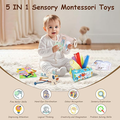 TYRY.HU Baby Gift Set,Montessori Learning Toys Set- Silicone Sensory Toys,Baby Teether Ball with Rattle,Soft Baby Book with Teether Ring & Crinkle Paper,Baby Tissue Box Toy,Milestone Cards,5 PCS