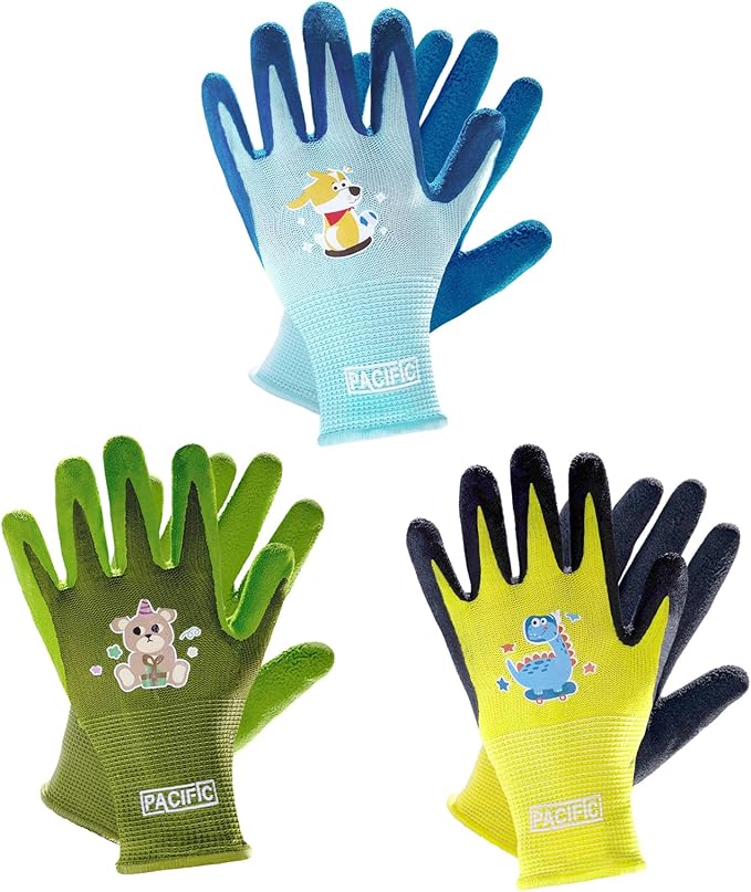 PACIFIC 3 Pairs Kids Gardening Gloves for Age 3-6, Toddler Rubber Coated Garden Gloves, Kids Work Gloves, for Children, Boys and Girls, Multicolor, XXXS