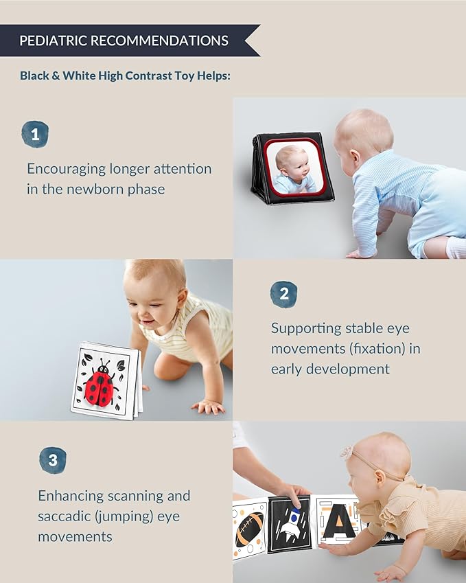 High Contrast Black and White Baby Toys for Newborn 0-6 Months – Contrast Cards & Sensory Baby Book with Mirror – Tummy Time Infant Toys for Visual Stimulation, Early Learning & Brain Development