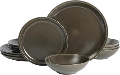 Gibson Elite 12 Piece (Service for 4) Lakecrest Plates and Bowls Reactive Glaze Round Dishes Stoneware Ceramic Dinnerware Set - Dark Green