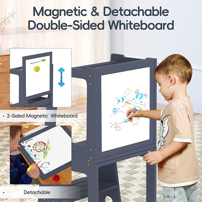 4 in 1 Toddler Step Stool Tower, Foldable Learning Standing Tower with Whiteboard 2 in 1 Convertible Table and Chair, Removable Safety Rail, Widened Platforms for Kitchen Counter Bathroom Sink