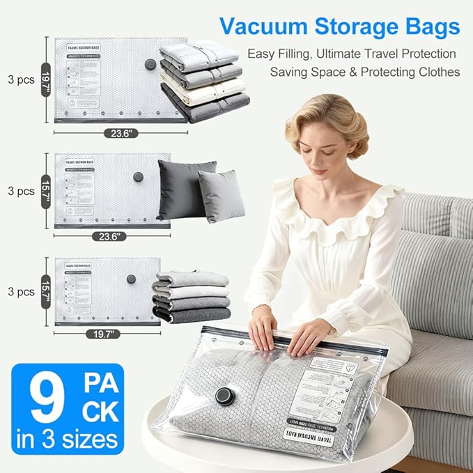 12 Pack Vacuum Seal Bags for Clothing Travel with Wireless Electric Air Pump, 4 Large +4 Medium +4 Small, Reusable Space Saver Bags for Luggage and Suitcase, Cruise & Travel Essentials