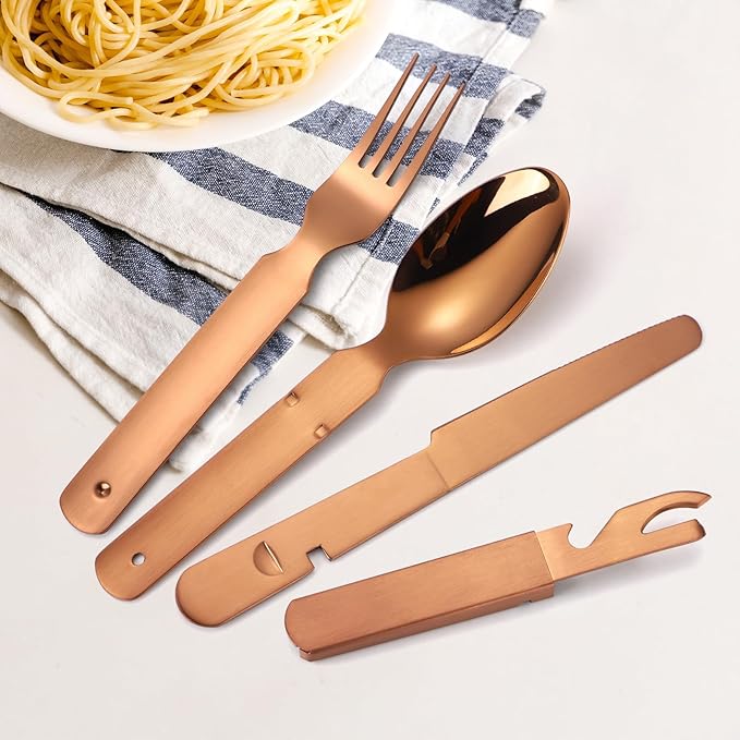 Camping Silverware Copper/Rose Gold Flatware Stainless Steel Eating Utensils Set Travel Portable Knife Fork Spoon Bottle Opener 4 Pieces Multi-functional Durable
