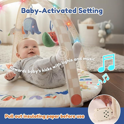 Baby Play Gym & Activity Mat with Light-up Musical Arch, Tummy Time Mat with 6 Detachable Sensory Toys for Motor Skills & Sensory Development, Baby Essentials Shower Gift - ABC123