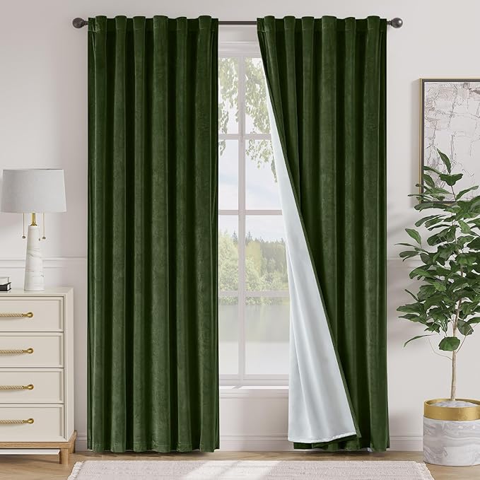 Lazzzy Green Velvet Blackout Curtains 90 Inches Long Thermal Insulated Room