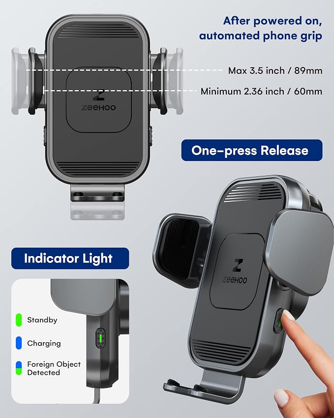 ZeeHoo Wireless Car Charger, 15w Fast Charging, Auto Clamping Car Phone Mount, Cell Phone Holder Charger, for iPhone 17 16 15 14 13 12 11 Pro Max Xs, Samsung Galaxy S23+ S22, Etc.(Grey)