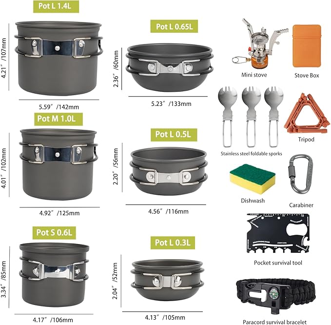 Camping Cookware Mess Kit, 17 pcs Backpacking Cooking Gear, Lightweight Camping Pots and Stove Set for 3 Person, Outdoor Cooking Gear Ideal for Camping, Hiking, Backpacking and Picnic