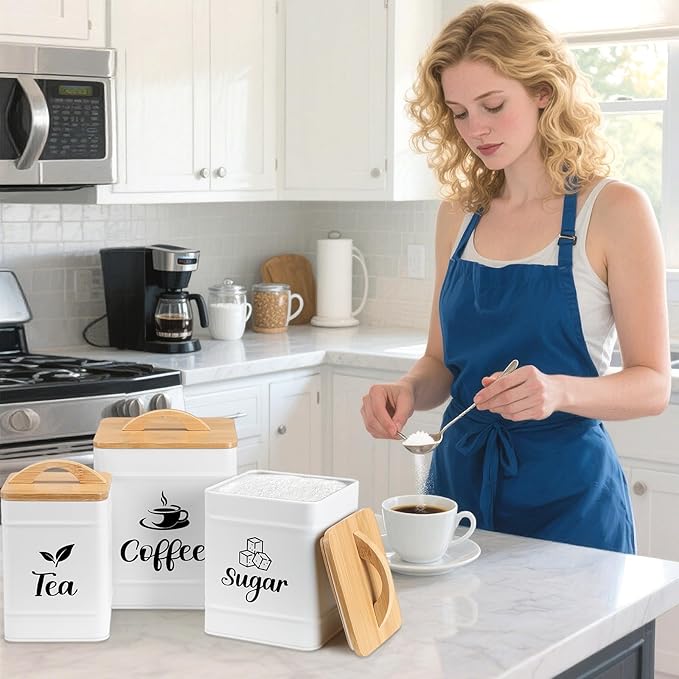 Maxdot 3 Set Coffee Sugar Tea Containers, Square Airtight Kitchen Canisters