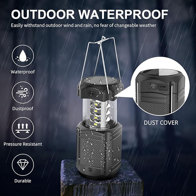 Camping Lantern 5000mAh Solar Hand Crank Telescopic LED Flashlight USB Charger for Power Outages ,Portable Rechargeable Battery Powered Operated Lanterns Lamp, Camping Gear Accessories (Black)