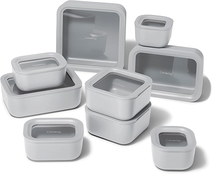 Caraway 22pc Glass Food Storage Set - Storage Containers for Food - Non-Toxic Ceramic-Coated Glass - Air Release Technology - Compact & Stackable Design - Gray