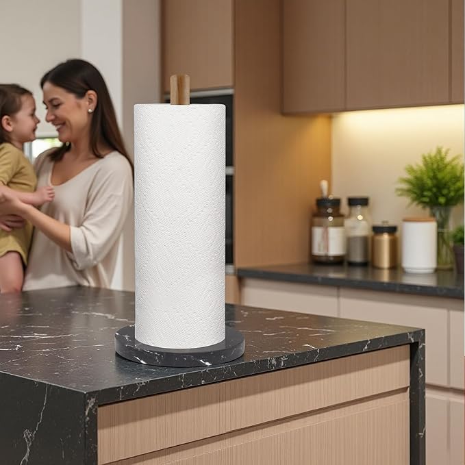 Buruis Wood Paper Towel Holder, Marble Base Modern Decorative Countertop