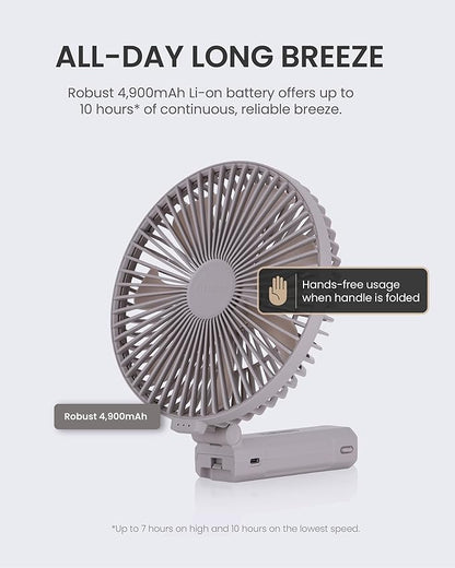 Claymore Handy A (Gray) Portable Handheld Fan – BLDC Motor Foldable, 4,900mAh Rechargeable, USB-C Charging, 3 Speed Settings Function Personal Fan for Travel, Outdoor & Indoor Use.