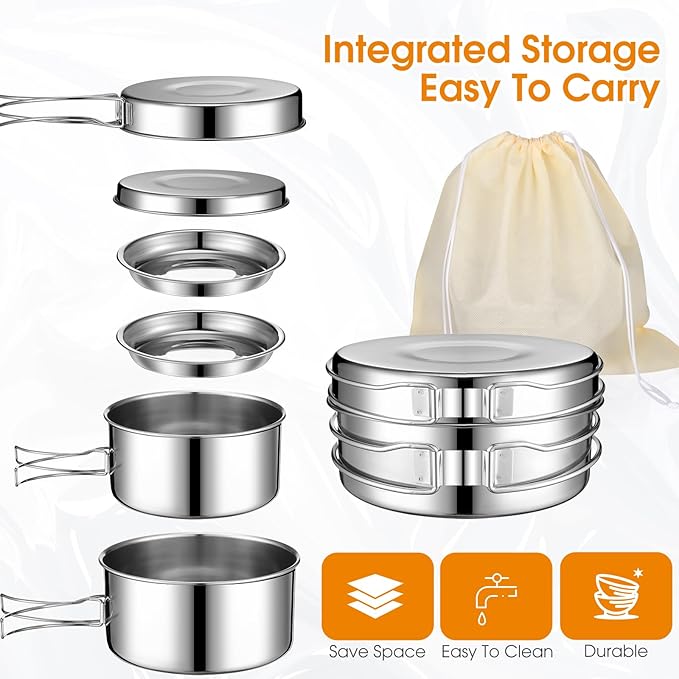 14 Piece Camp Cooking Set, Stainless Steel Camping Cookware with Pot and Pan Kit 2 Set Stainless Steel Cups Plates Forks Knives Spoons for Camping, Backpacking, Outdoor Cooking and Picnic