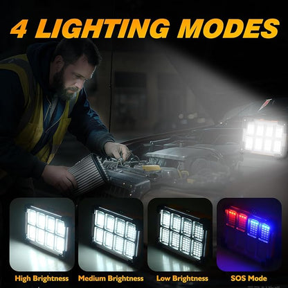 120W Solar Rechargeable Work Light, 144 LED 10000LM Led Work Light with 4 Modes, Portable Flood Light with Stand, IP66 Waterproof Outdoor Working Light for Emergency Mechanic Camping Repair (Yellow)
