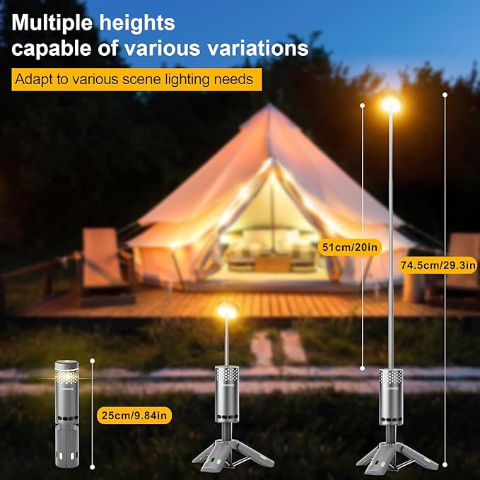 Camping Lights Rechargeable, Detachable Camping Lantern with Stand, Telescopic Waterproof Camp Lamp, Magnetic Work Hanging Light, LED Tent Flashlights for Emergency (Gray)