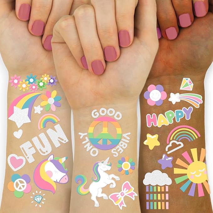 118 PCS Kids Tattoos Temporary for Girls, Unicorn Rainbow Crown Glitter Tattoos, Girls Unicorn Party Decorations Kids Birthday Party Favor Supplies Princess Tattoos Stickers