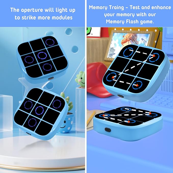 Tic-Tac-Toe Bolt Game, 4-in-1 Handheld Puzzle Games Console, Electronic Tic-Tac-Toe Game for Educational and Memory Growth, Portable Travel Games for Car Ride, Board Games for Kids and Adults (Blue)