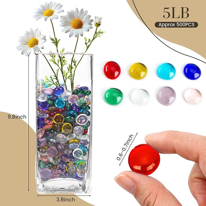 FUTUREPLUSX 5 Lb Flat Glass Marbles, 500 PCS Assorted Colors Flat Gems Aquarium Pebbles Vase Filler Table Scatter Decor, Red, Green, Blue, Yellow, Transparent