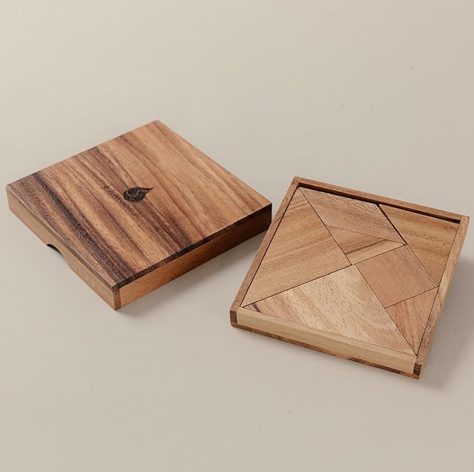 Premium Wooden Tangram - Luxury Wooden Brain Teaser Block for Kids & Adult - Wood Block Puzzle - Logic Puzzle - STEM Montessori Educational Sensory Toys for All Ages