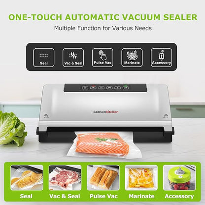 Bonsenkitchen Food Vacuum Sealer Machine with External Vac Function, Built-in Cutter & Bag Storage, 5 Modes for Various Food Types, Includes 10 Bags & 1 Roll (Silver)