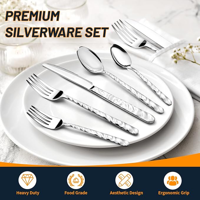 60 Piece Silverware Set for 12, Food-Grade Stainless Steel Utensils Set Includes Spoons Forks Knives, Sturdy Home Kitchen Eating Tableware Set,Wave Style Design & Mirror Polished - Dishwasher Safe