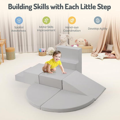 6-Piece Foam Climbing Blocks for Toddlers, Baby Climb and Crawl Soft Foam Play Set, Machine Washable Cover, Indoor Activity Play Structures, Climbing Toys for Toddlers 1-3 (Gray)
