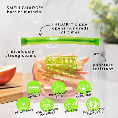 Smelly Proof 15 x Expandable Stand-Up & Fill REUSABLE Storage Bags for Food Designed & Mfg in US, BPA FREE, NO PEVA, Reusable Snack Bags, Dishwasher-Safe, Clear 3 mils STAND & FILL 6" x 4" - 15pk