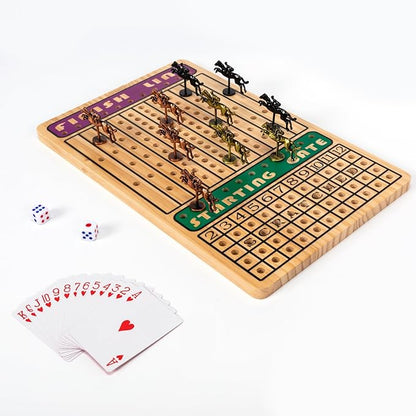 Horse Race Board Game, Horse Racing Game with 11 Luxury Metal Horses, 4 Dice, 2 Boxes of Cards, and Thickened Wood Horse Race Game Board