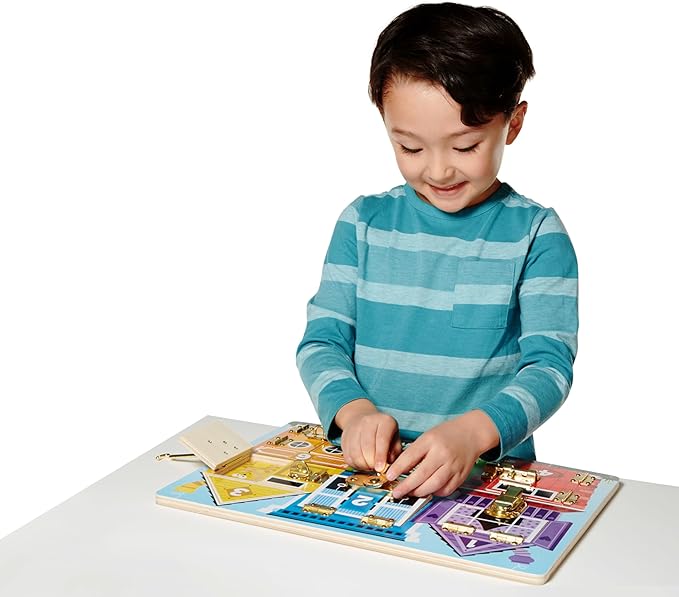 Melissa & Doug Wooden Latches Board Sensory Activity Toy for Kids, Doors and Locks Toy, Wooden Busy Board, Toddler Toys for Ages 3+