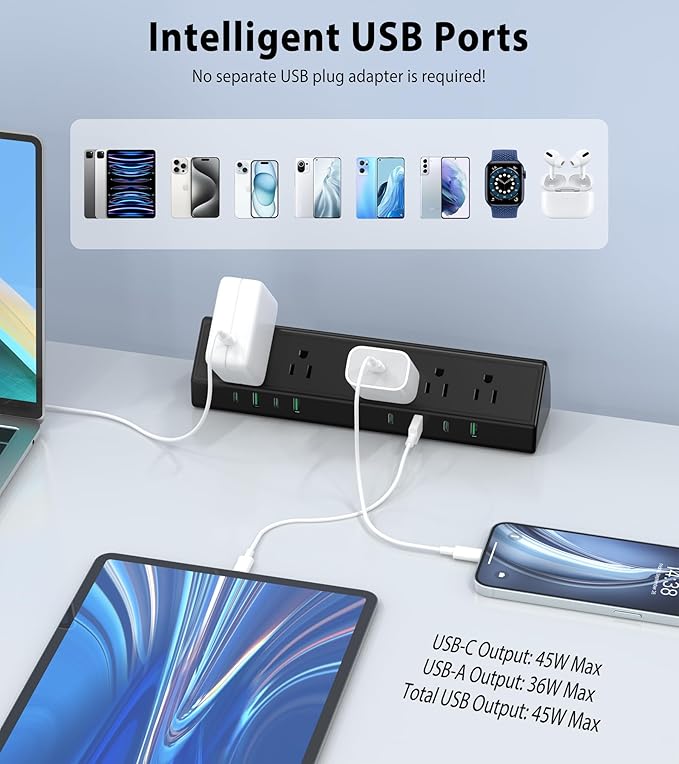45W Fast Charging Station, Desk Clamp Power Strip, 4 PD USB-C Ports, 5 AC