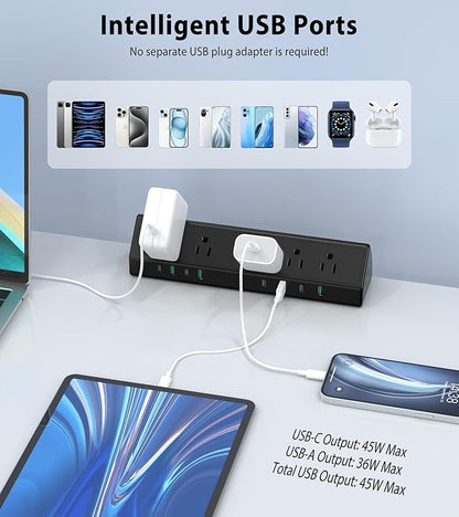 45W Fast Charging Station, Desk Clamp Power Strip, 4 PD USB-C Ports, 5 AC