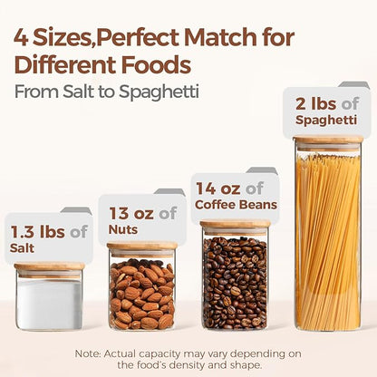 ComSaf Food Storage Containers with Airtight Lids Set of 6, Clear Glass Canister Food Jar with Sealing Lid Kitchen Pantry Storage Container for Spaghetti Pasta Sugar Flour Oat Cereal Beans, Square