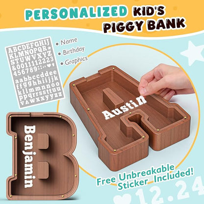 Summidate Wooden Letter Piggy Bank, Extra Thick Large Capacity Piggy Bank for Kids Boys Girls Toddler, Alphabet B Money Bank| Coin Box Birthday, Christmas, Festival