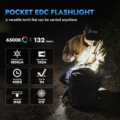 WUBEN E7 1800 Lumen Rechargeable Mini Flashlight with Magnet - Super Bright 6 Modes Khaki EDC Flashlight, Typ-C Rechargeable LED; IP68 Pocket Flashlight for Headlamp Use, Rescue, Camping