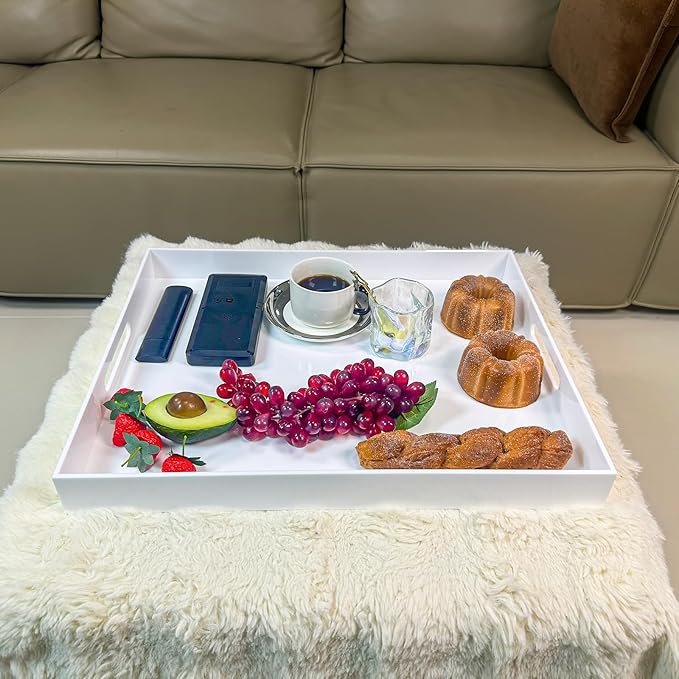 White Rectangular 16x20 Inches Acrylic Ottoman Tray Decorative Serving Tray with Cutout Handles Organizer Tray on Coffee Table Countertop Big Breakfast Bed Tray Living Room Appetizer Serving Food