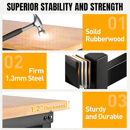 48" L×24”W Adjustable Workbench, 28”-40”Heights Heavy Duty Table 2000 LBS Load Capacity, Work Bench with Power Outlet & Pegboard, Rubber Wood Work Table for Garage, Office, Workshop, Home