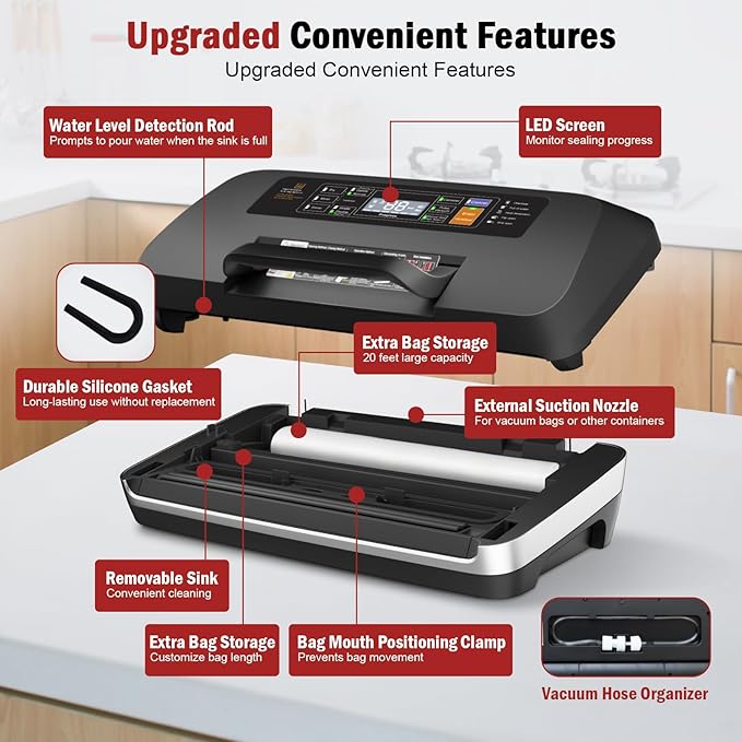 95kpa Vacuum Sealer Machine, Updated 2025 Commercial Fully Automatic Food Sealer, 10-in-1Functions & Powerful Sealing System with Double Heat Seal, Easy-Lock Handle, Built-inCutter and Bag Storage