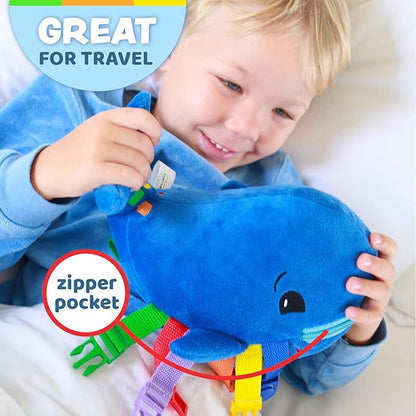 Buckle Toys Blu Whale Stuffed Animal Montessori Toys for Toddlers 1-3, Learning Activity Toy & Sensory Toys to Develop Fine Motor Skills and Problem Solving, Classroom and Toddler Travel Essential