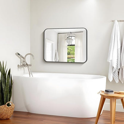 Bathroom Mirror, 30 x 24 inch Metal Framed Black Rectangle Mirror, Rounded
