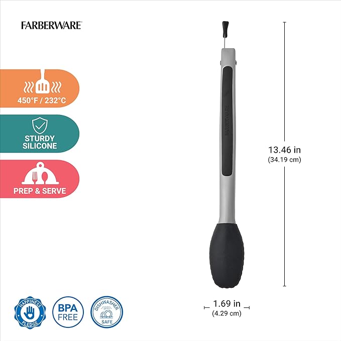Farberware Silicone-Tipped Locking Kitchen Tongs – Heat Resistant, Nonstick Safe